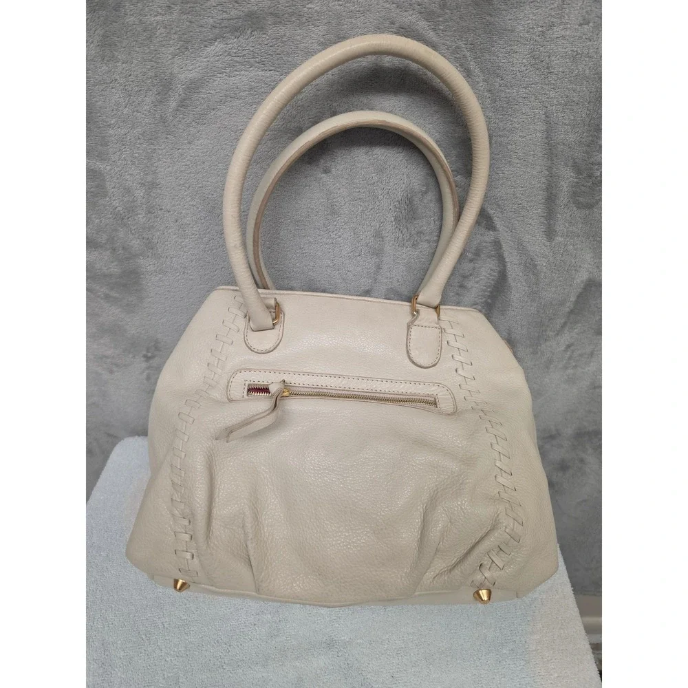 Isabella Fiore Shoulder Bag Ivory Leather Floral Applique Tassel Whipstitch Pink